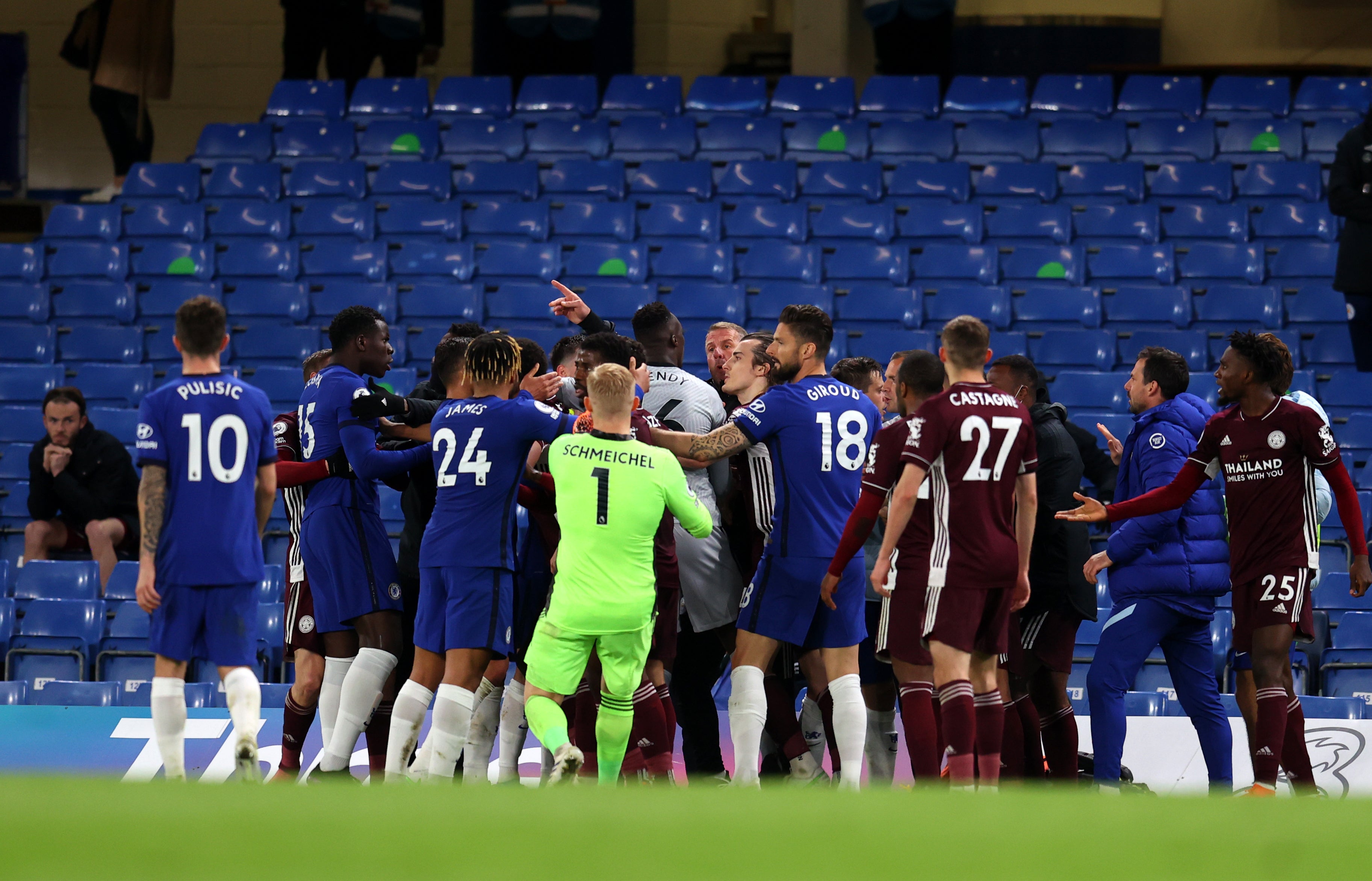 Tempers flare towards the end of Chelsea's Premier League match with Leicester