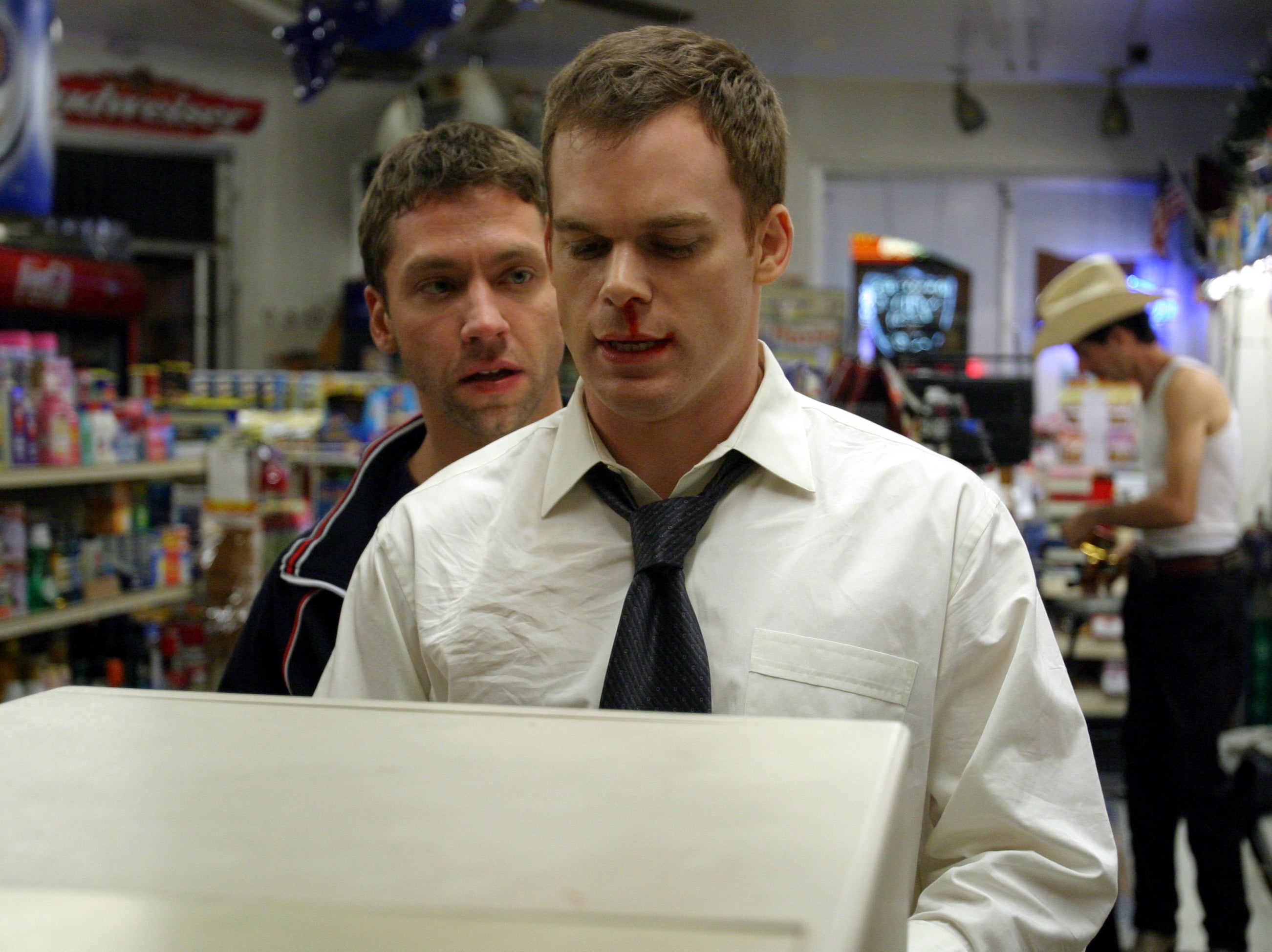 David (Michael C Hall) and his tormentor (Michael Weston) in the scandalising episode ‘That’s My Dog’