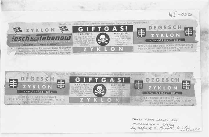 Zyklon labels from Dachau concentration camp used as evidence at the Nuremberg trials; the first and third panels contain manufacturer information and the brand name, the centre panel reads ‘Poison Gas! Cyanide preparation to be opened and used only by trained personnel'