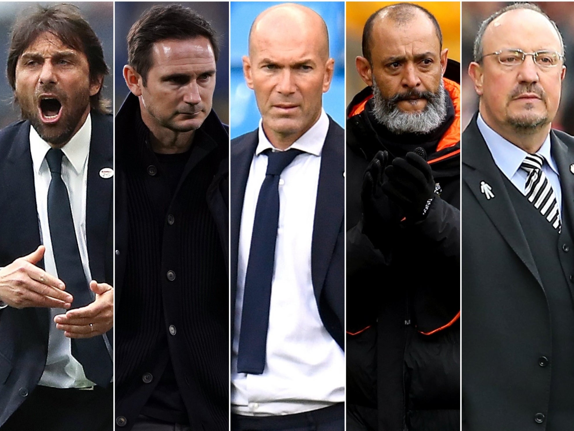 <p>Antonio Conte, Frank Lampard, Zinedine Zidane, Nuno Espirito Santo and Rafael Benitez</p>