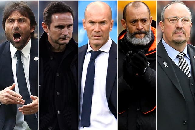 <p>Antonio Conte, Frank Lampard, Zinedine Zidane, Nuno Espirito Santo and Rafael Benitez</p>