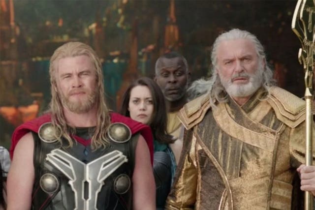 <p>Luke Hemsworth and Sam Neill as Asgardian actors in Thor: Ragnarok</p>