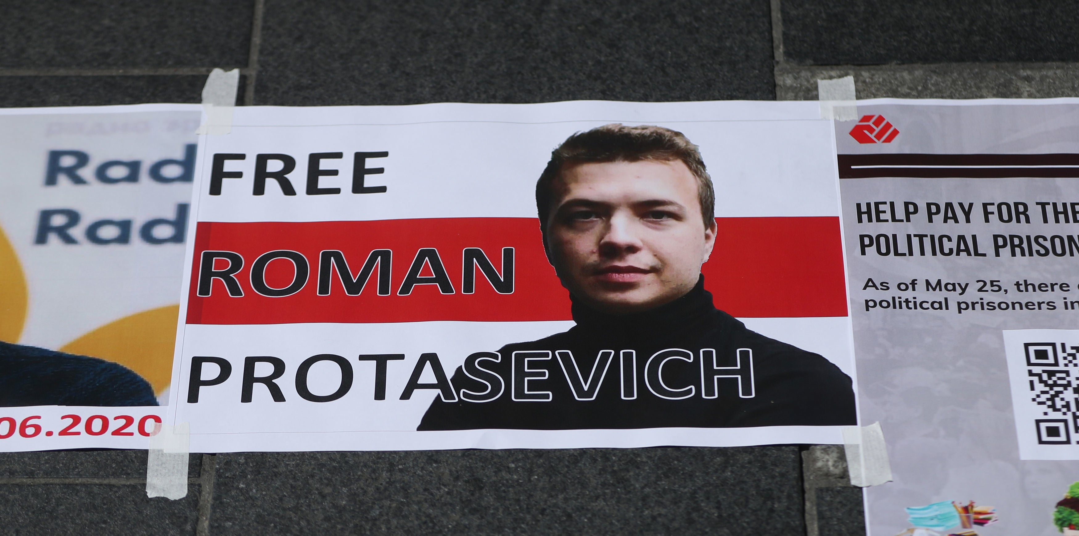 A poster calling for the release of Roman Protasevich