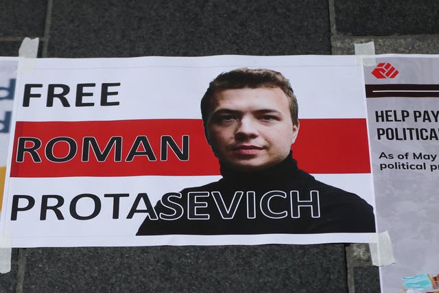 <p>A poster calling for the release of Roman Protasevich</p>