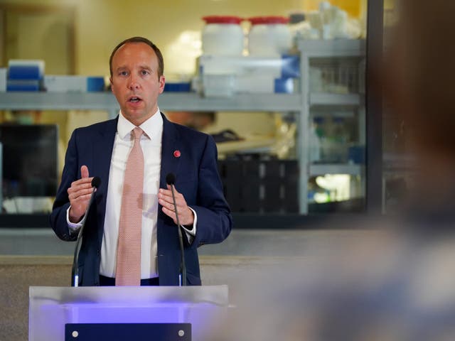 <p>Health secretary Matt Hancock delivered a speech at the Jenner Institute in Oxford on Wednesday afternoon</p>