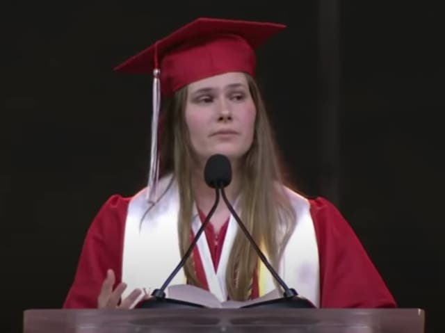 <p>Paxton Smith, the valedictorian of Lake Highlands High School in Texas, gives a speech about the state’s restrictive abortion laws during her commencement</p>