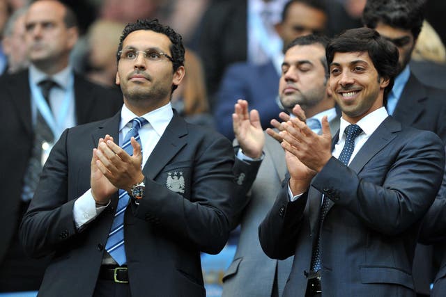 <p>Manchester City owner Sheikh Mansour, right, with chairman Khaldoon Al Mubarak in 2010</p>
