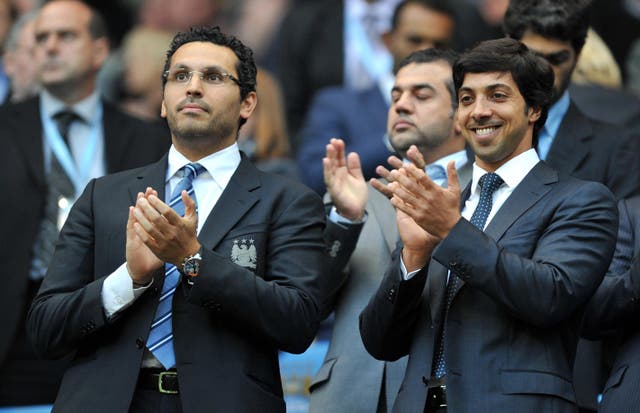 <p>Manchester City owner Sheikh Mansour, right, with chairman Khaldoon Al Mubarak in 2010</p>