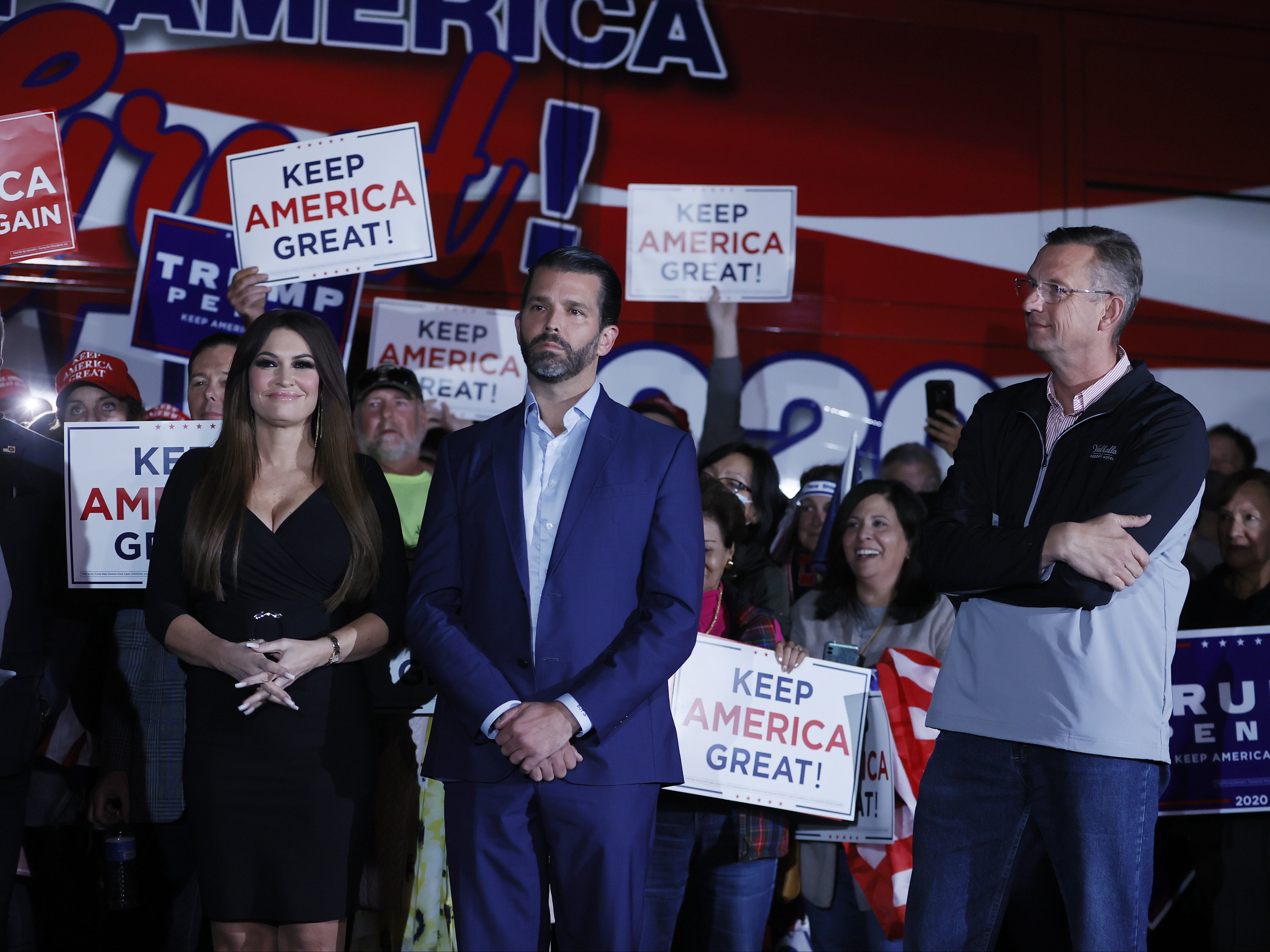 <p>Donald Trump Jr, Kimberly Guilfoyle, and Rep Doug Collins during a Trump Campaign press conference in Atlanta, Georgia, USA, on 5 November 2020. </p>