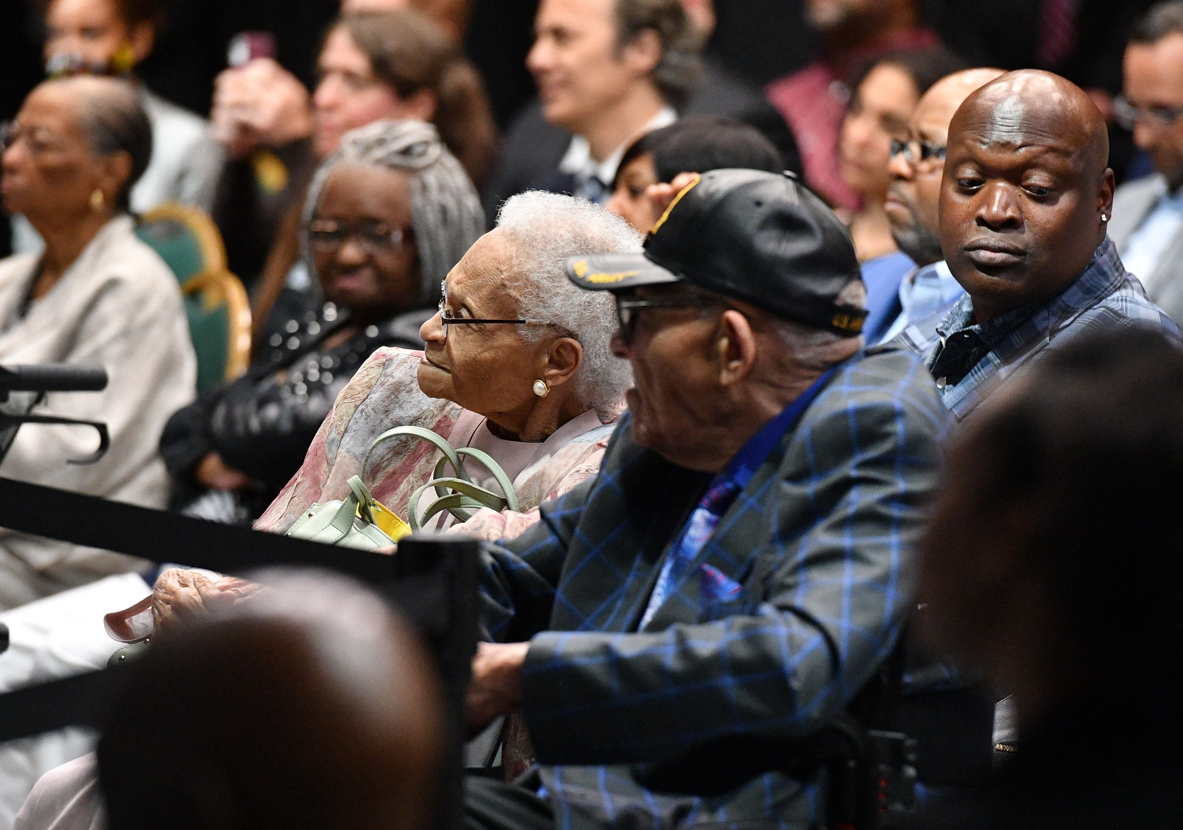 <p>Viola Fletcher and Hughes Van Ellis, two of three living survivors of the 1921 race massacre, listen to Joe Biden speak in Tulsa on 1 June. They are among plaintiffs suing the city and Oklahoma for reparations.</p>