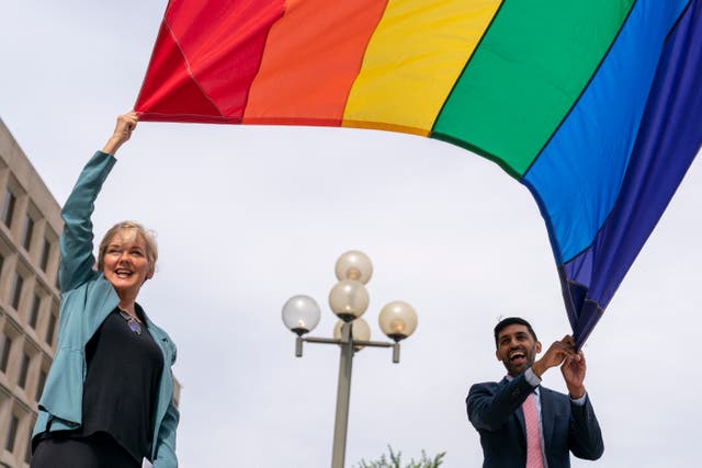 <p>Energy secretary Jennifer Granholm and Department of Energy chief of staff Tarak Shah raise the Pride flag in Washington on Wednesday</p>