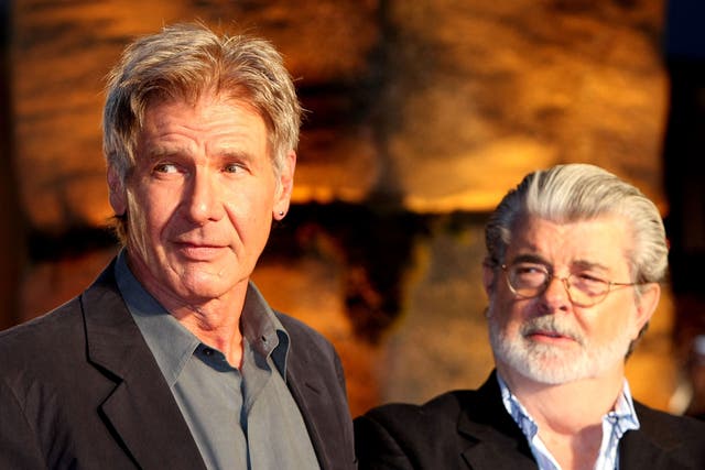 <p>Harrison Ford and George Lucas  at the Japanese premiere of ‘Indiana Jones and the Kingdom of the Crystal Skull’  in 2008.</p>
