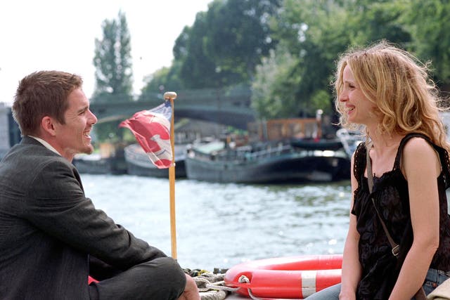 <p>Lovers on the Seine: Ethan Hawke and Julie Delpy in ‘Before Sunset’</p>
