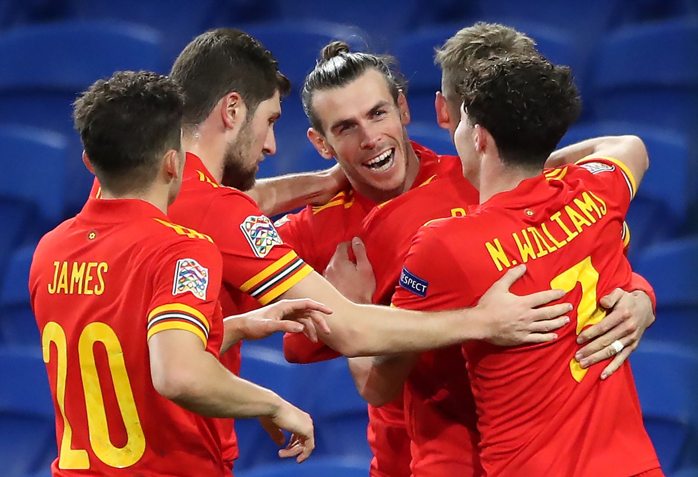 Wales players celebrate a goal