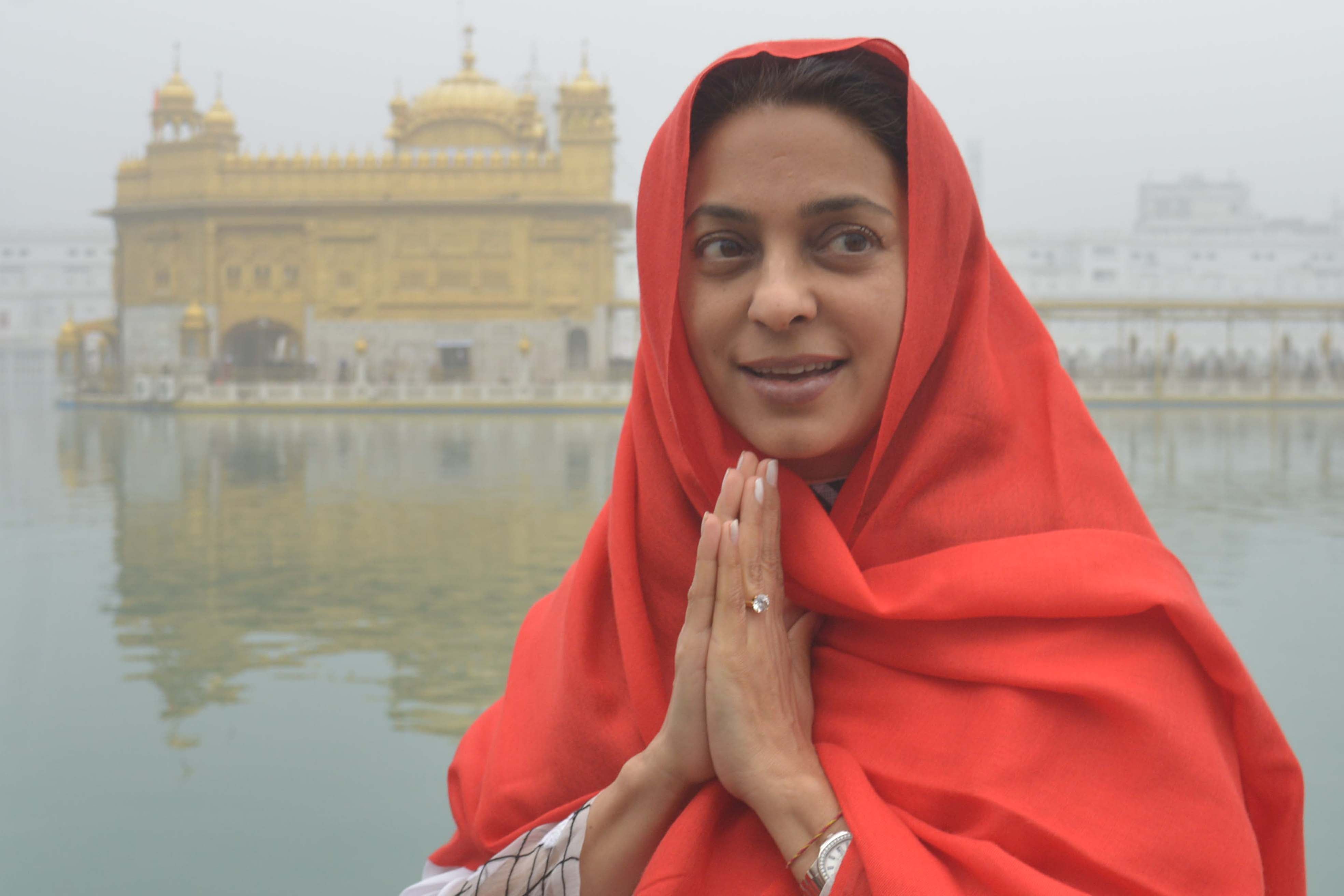 Indian Bollywood actress Juhi Chawla visits the Sikh Golden Temple in Amritsar on 13 December 2016
