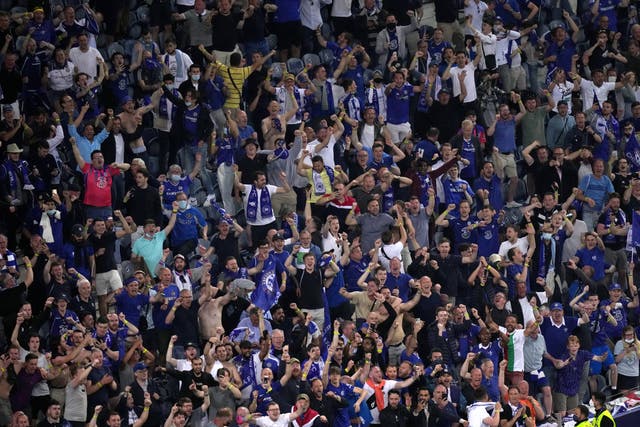 Chelsea fans celebrate in the stands after the Champions League final win over Manchester City