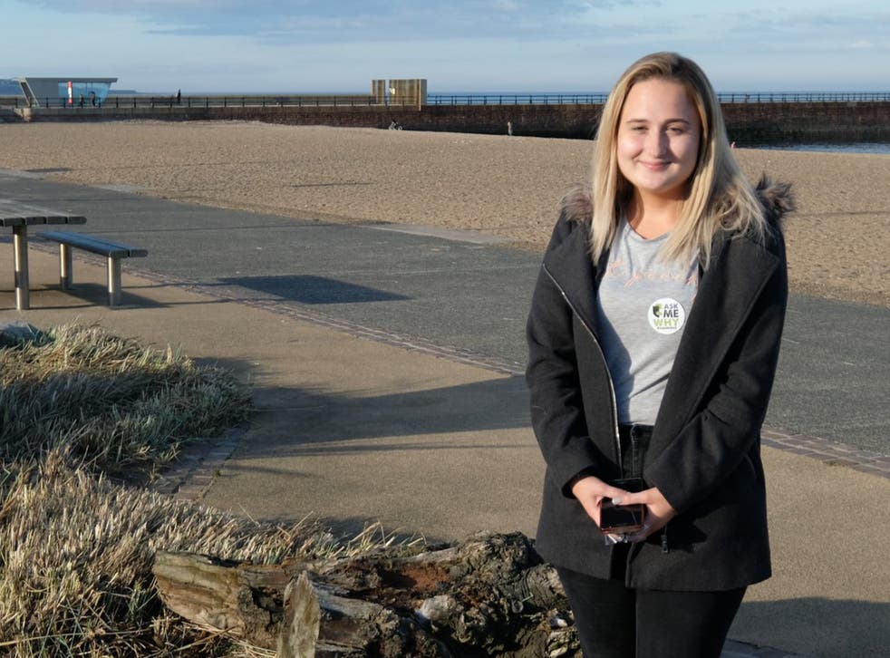 <p>Paige Hunter, from Sunderland, returns to Wearmouth Bridge where she almost took her own life regularly to post messages of hope for other people in mental health crises</p>
