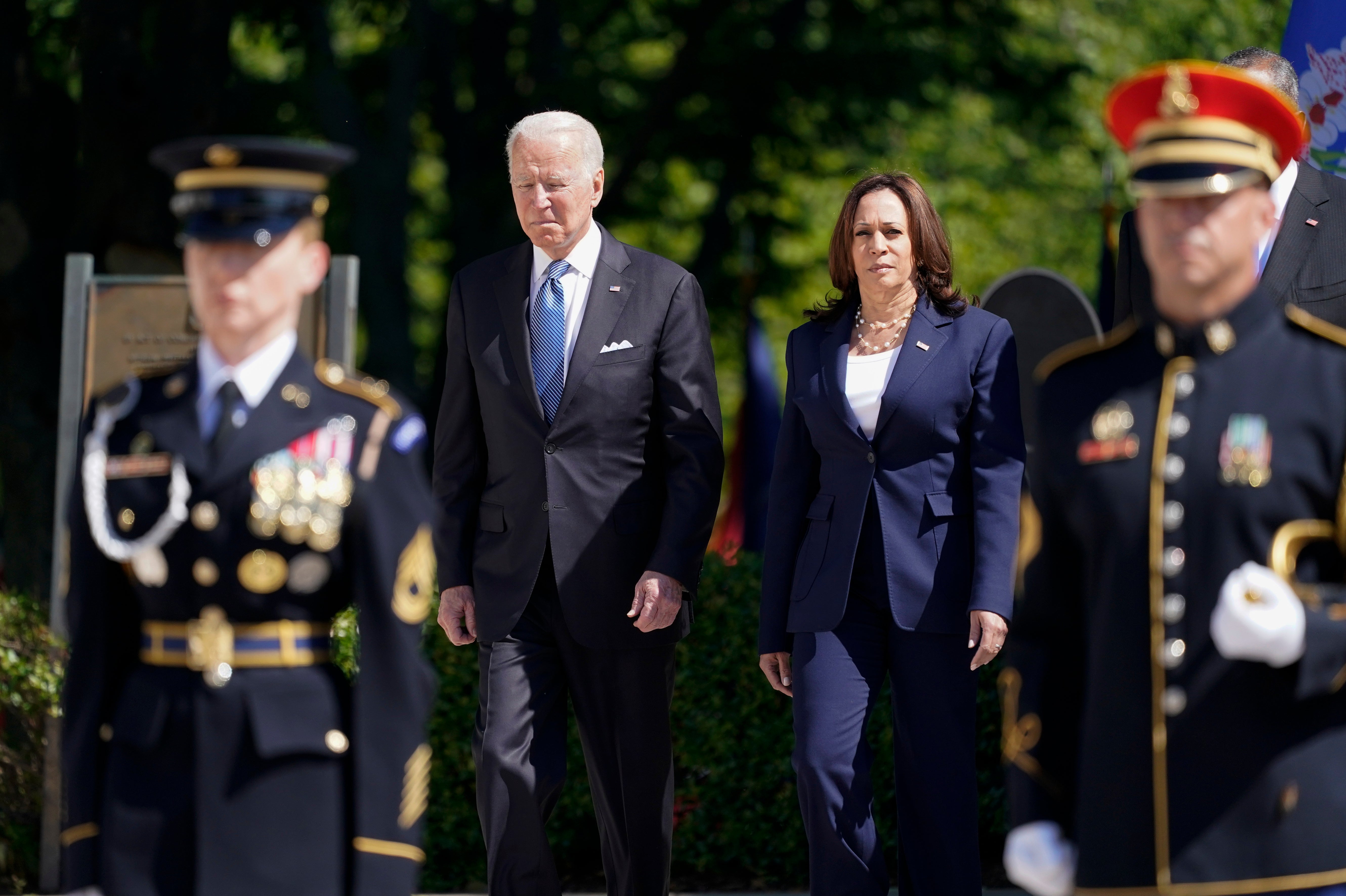 File image: President Joe Biden arrives with Vice President Kamala Harris to place a wreath at the Tomb of the Unknown Soldier at Arlington National Cemetery on Memorial Day, on 31 May, 2021