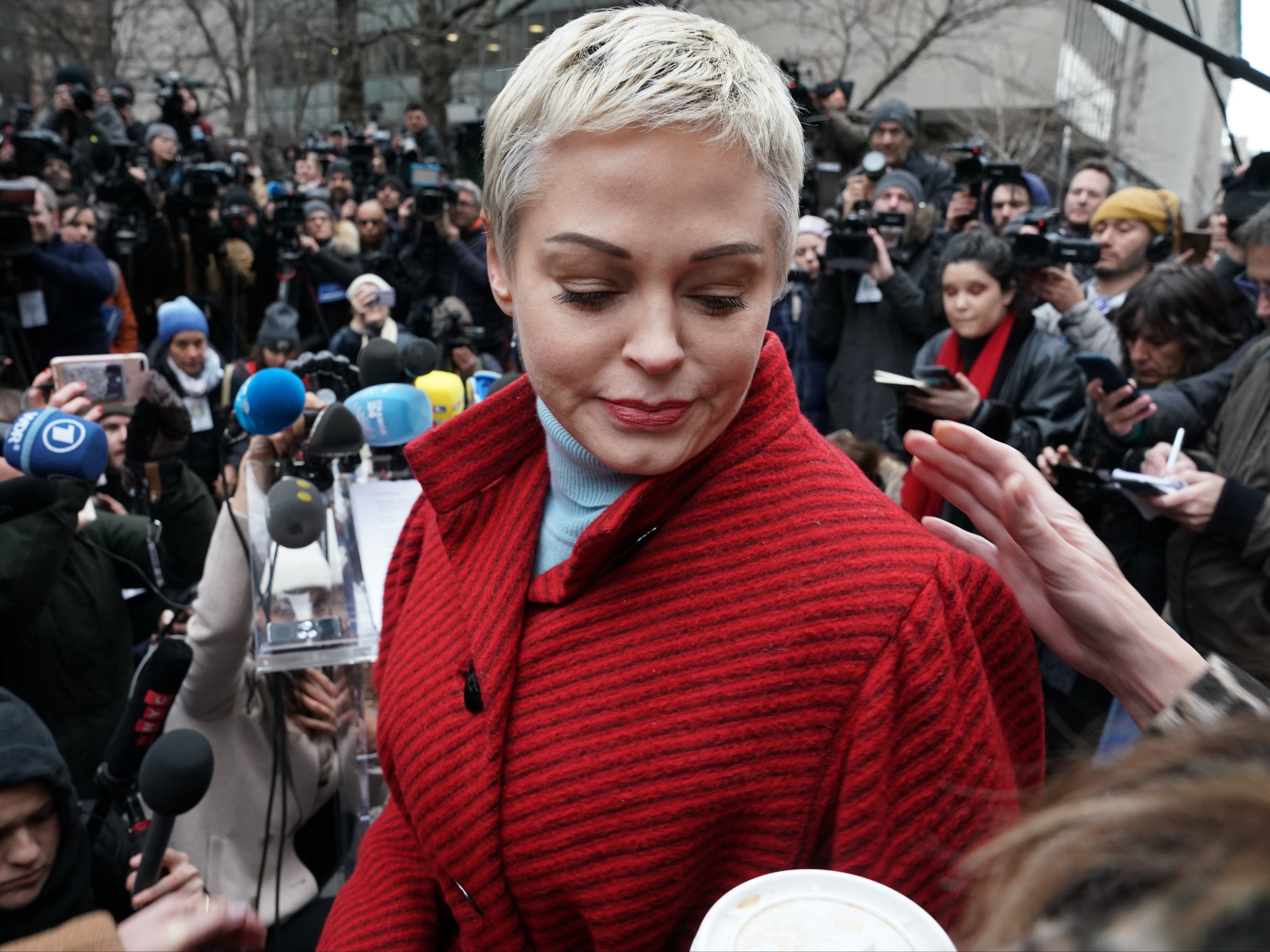 Actress Rose McGowan speaks during a press conference