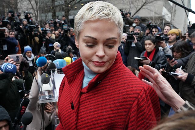 <p>Actress Rose McGowan speaks during a press conference</p>