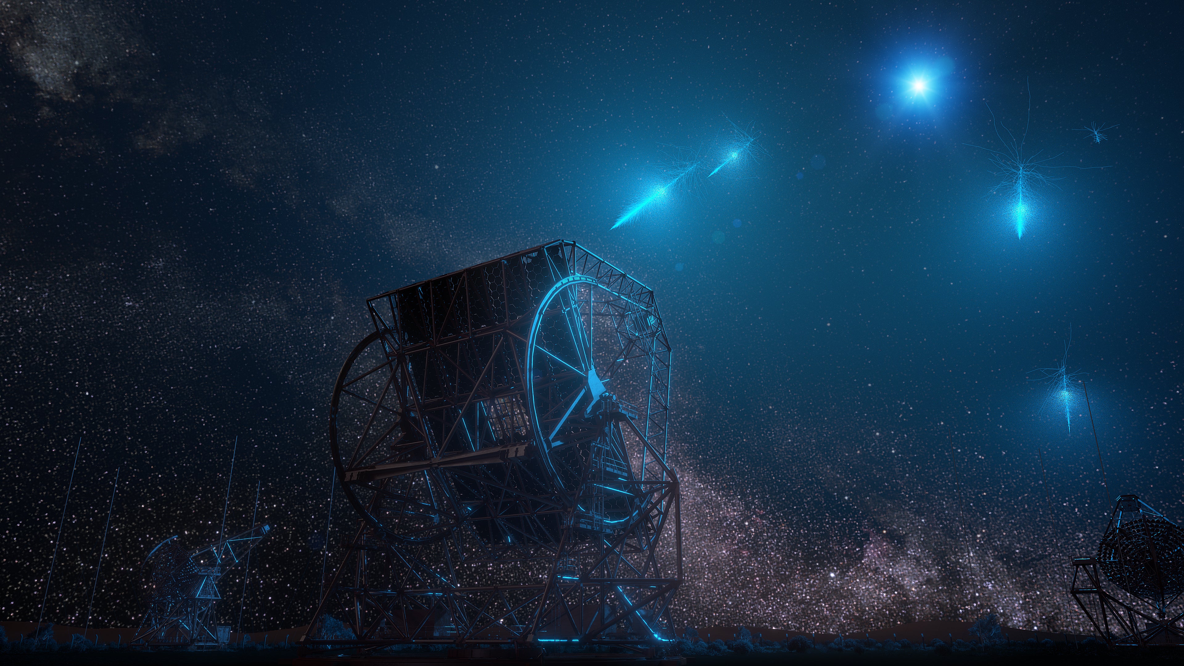 Artist’s impression of very-high-energy photons from a GRB entering Earths’ atmosphere and initiating air showers that are being recorded by the H.E.S.S. telescopes.