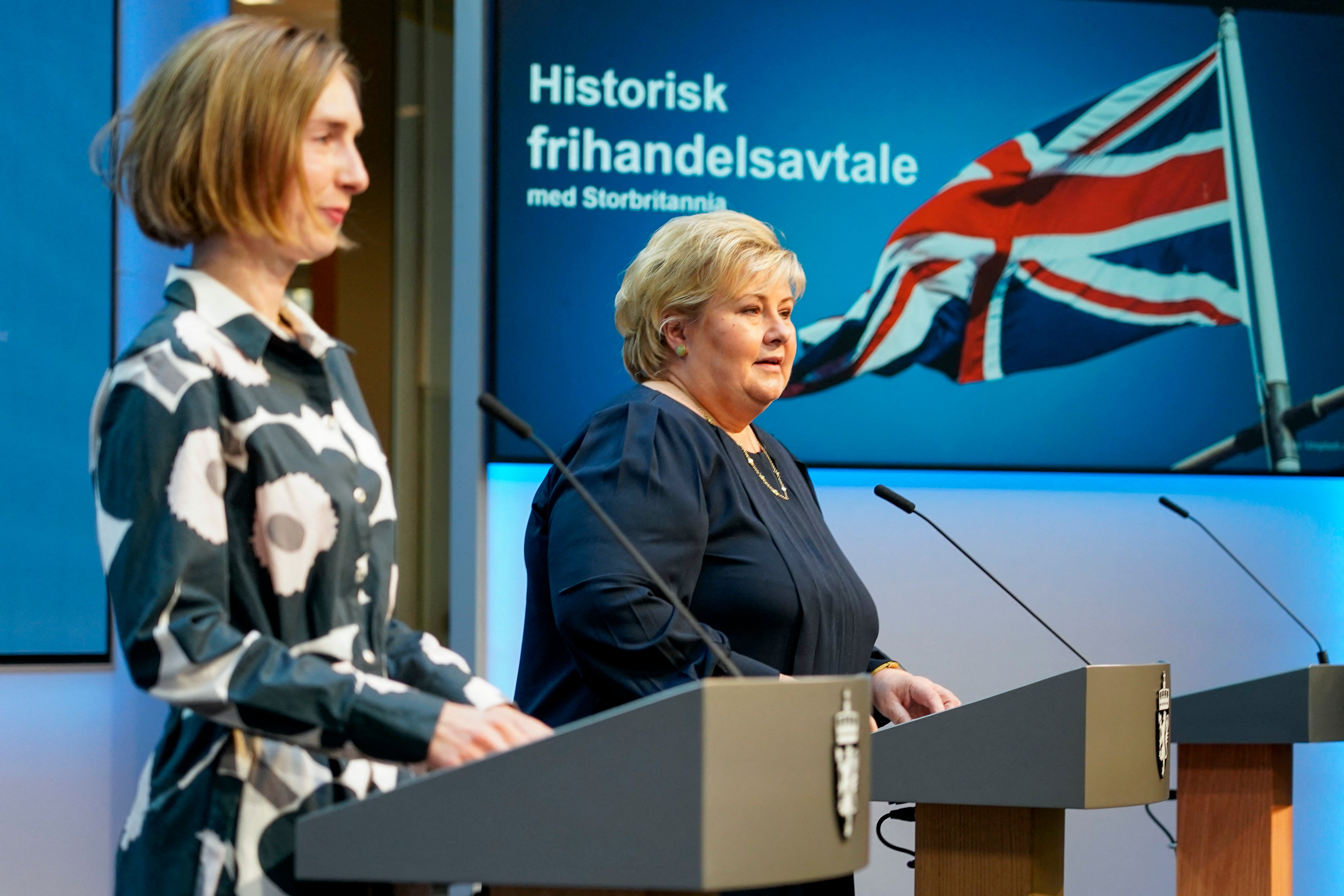 Norwegian Prime Minister Erna Solberg and Norwegian Minister of Trade and Industry Iselin Nybø address a press conference on trade with the UK