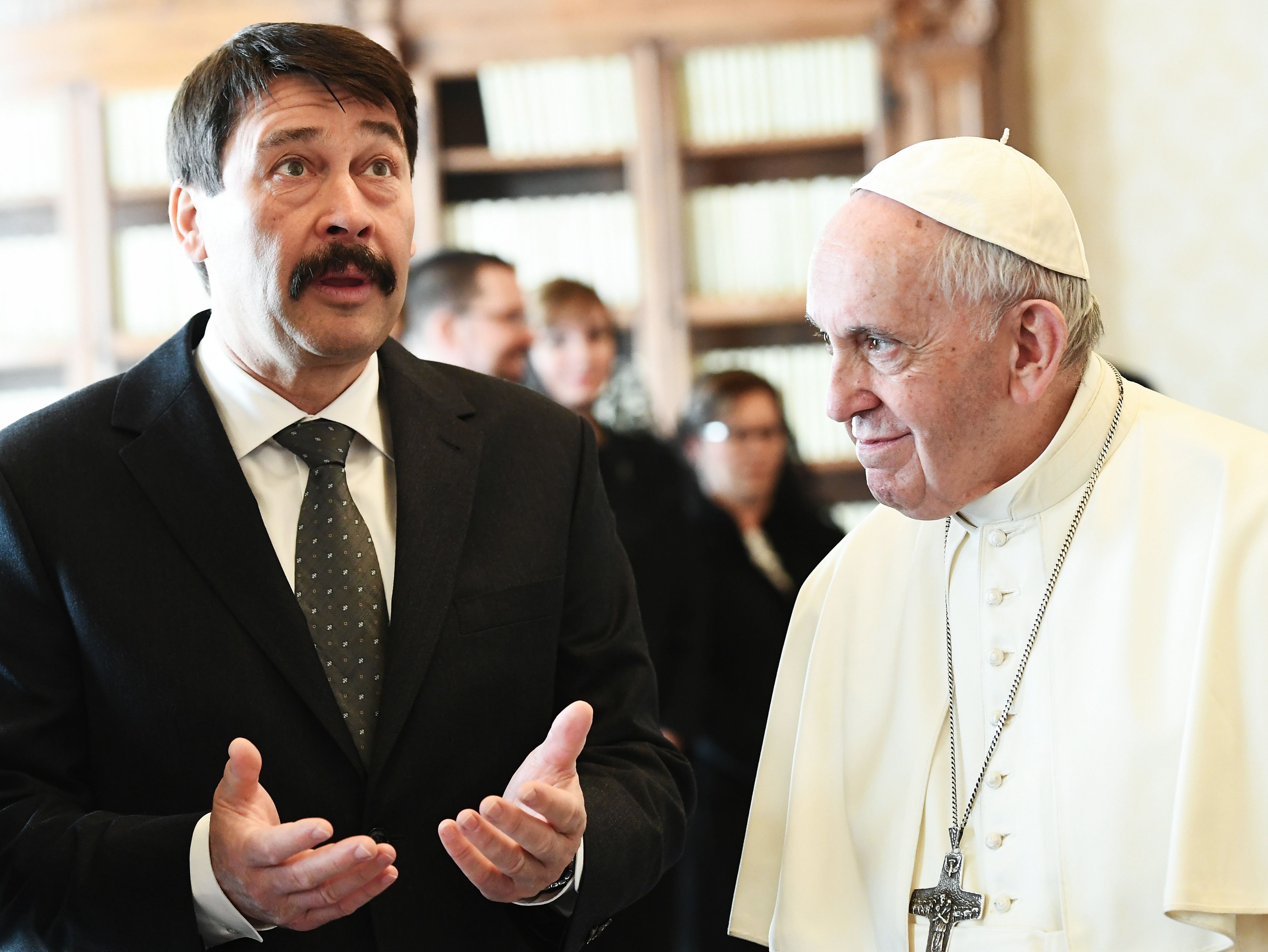 <p>Pope Francis and Hungarian president Janos Ader speak during a private audience at the Vatican in February 2020</p>