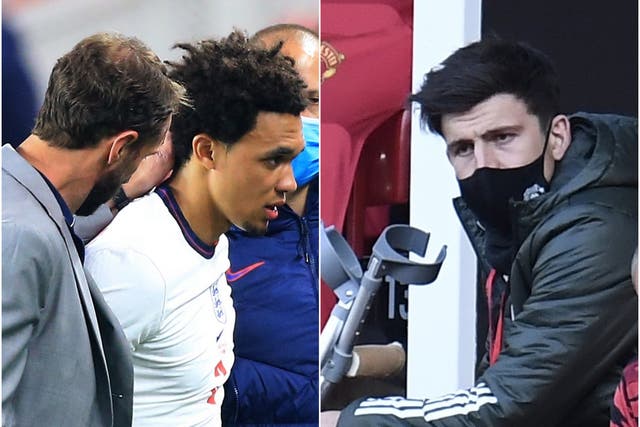 Gareth Southgate consoles Trent Alexander-Arnold, left image, while Harry Maguire waits on crutches