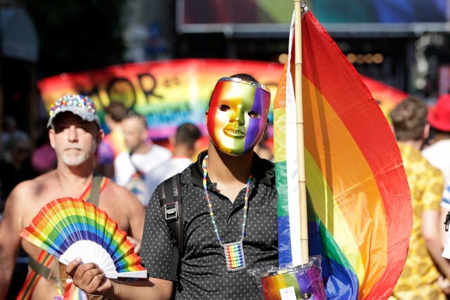 <p>People gather during an event to mark the 50th anniversary of the Stonewall Inn uprising in New York, New York, USA, 28 June 2019. </p>