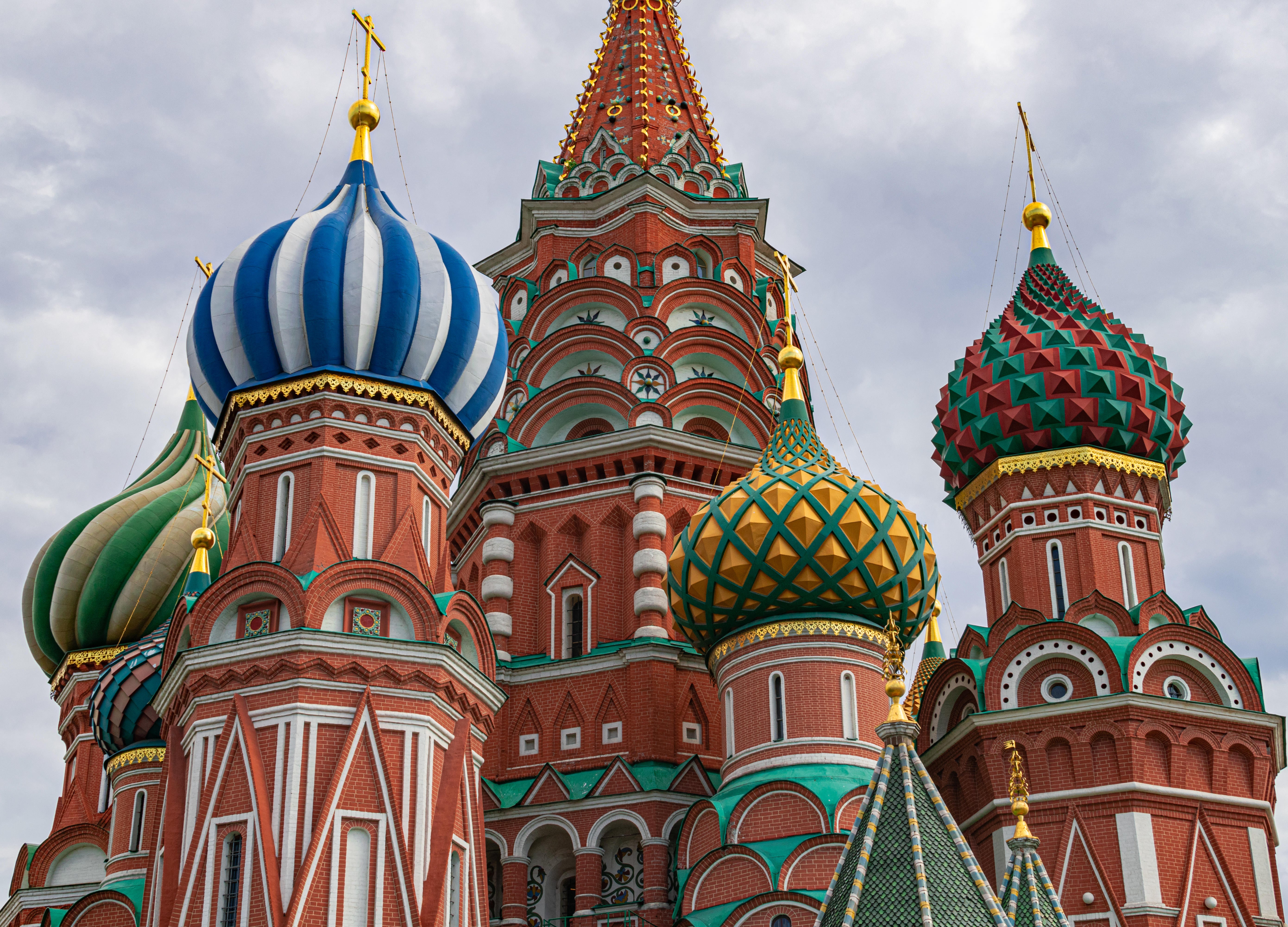 Saint Basil´s colorful domes, with grey clouds background, Moscow, Russia