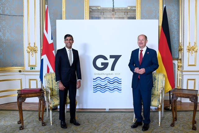<p>Rishi Sunak (left) and Olaf Sholz meet at Lancaster House in London for the second day of talks on Saturday</p>
