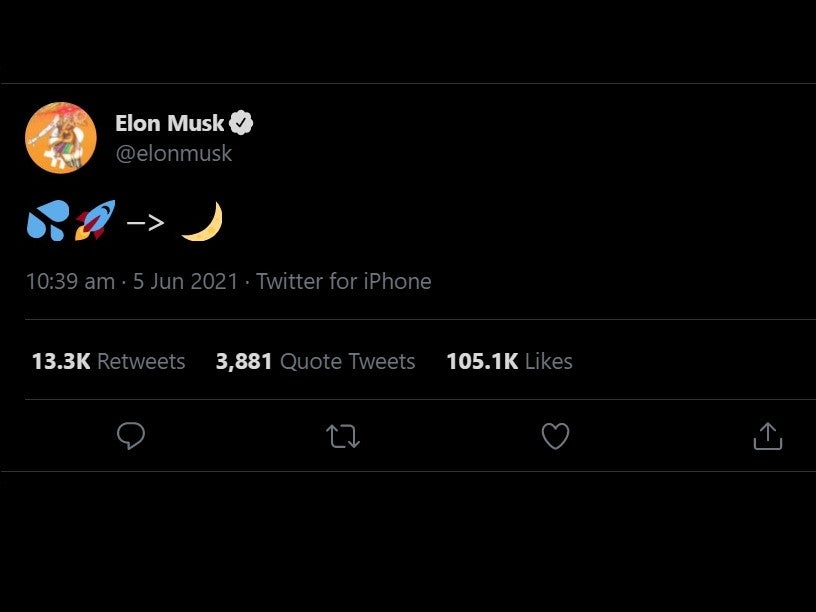 Elon Musk shared a series of emoji on Saturday, 5 June 2021, that alluded to the crypto CumRocket shooting up in price ‘to the moon’