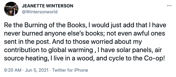 Jeanette Winterson defended burning her books after receiving a backlash