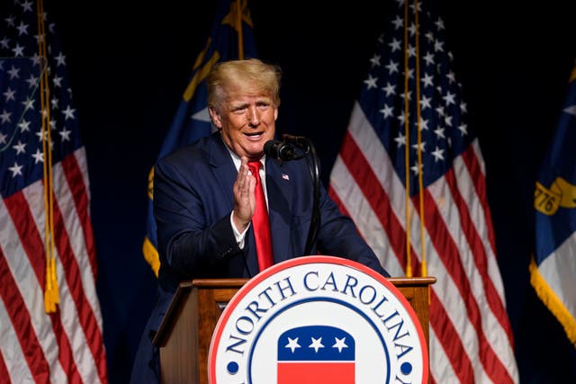 <p>Former U.S. President Donald Trump addresses the NC GOP state convention on June 5, 2021 in Greenville, North Carolina. </p>