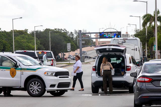 <p>Police block an intersection near the Miami-Dade Kendall Campus in Miami, Fla., on Sunday, June 6, 2021. </p>