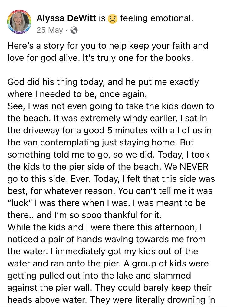 Alyssa DeWitt posted about on Facebook her traumatic experience rescuing three girls in lake Michigan whilst five months pregnant