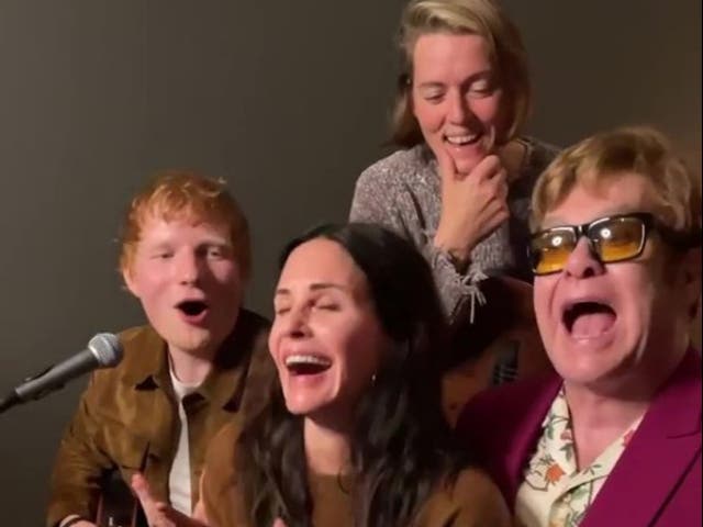 <p>Ed Sheeran, Courteney Cox, Brandi Carlile and Elton John</p>