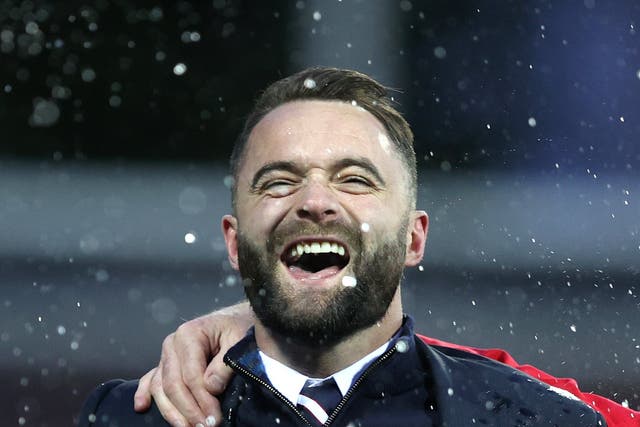 <p>Dundee manager James McPake is celebrating a new contract</p>