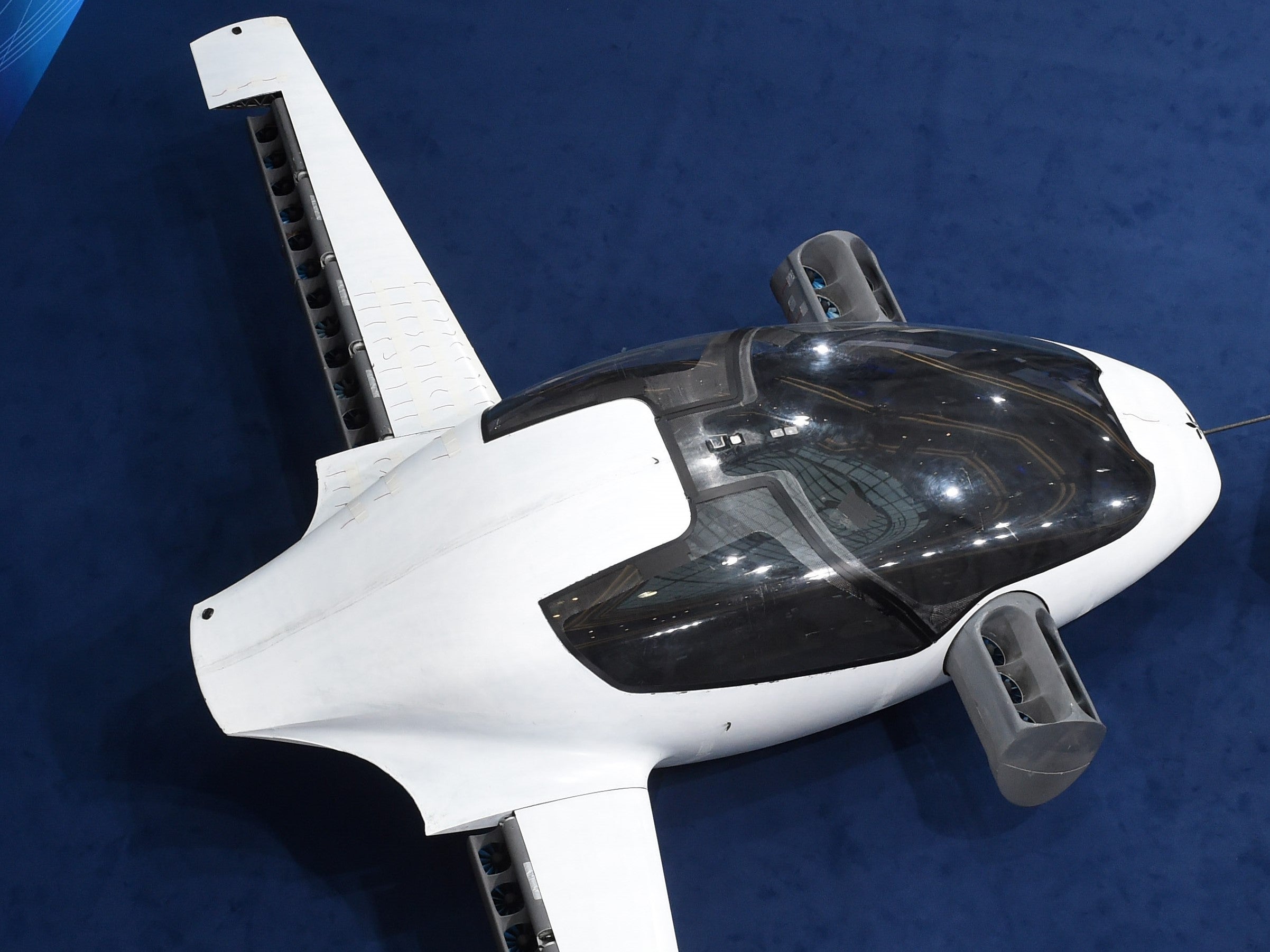 A prototype of the first flying taxi, the eVTOL - electric vertical take-off and landing Jet - of the company Lilium during the trade fair Digital Summit (Digital Gipfel) in Germany, on 4 December, 2018