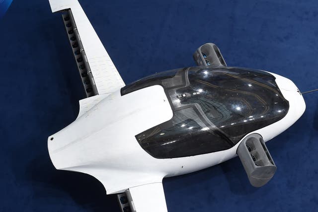 <p>A prototype of the first flying taxi, the eVTOL - electric vertical take-off and landing Jet - of the company Lilium during the trade fair Digital Summit (Digital Gipfel) in Germany, on 4 December, 2018</p>