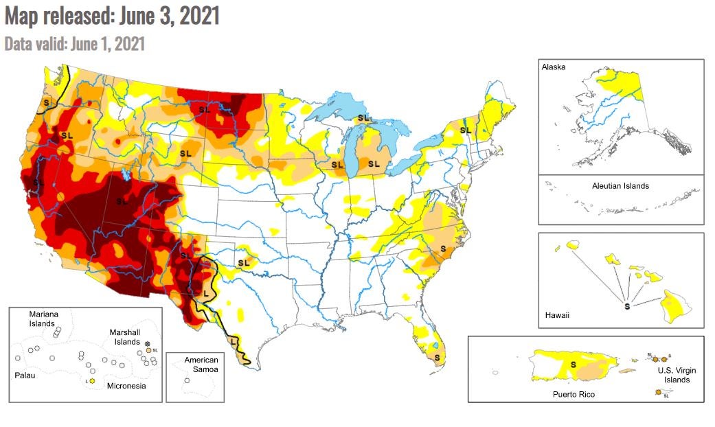 A map depicting drought conditions from the National Oceanic and Atmospheric Administration. Light orange shows regions with severe drought conditions, red shows areas with extreme conditions, and the maroon shows exceptional drought conditions.