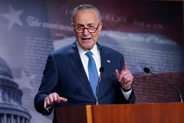 <p>Senate Majority Leader Chuck Schumer speaks to reporters in the Capitol.</p>