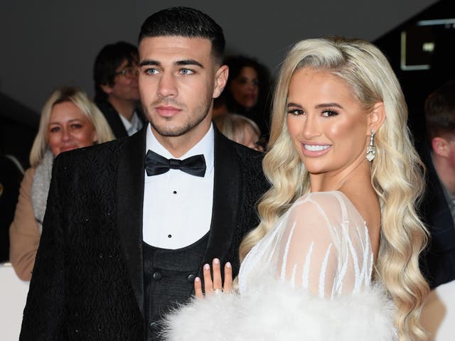 <p>Tommy Fury and Molly-Mae Hague attend the National Television Awards 2020 at The O2 Arena on 28 January 2020 in London</p>