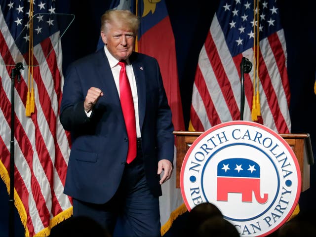 <p>Former President Donald Trump speaks over the weekend in North Carolina.</p>