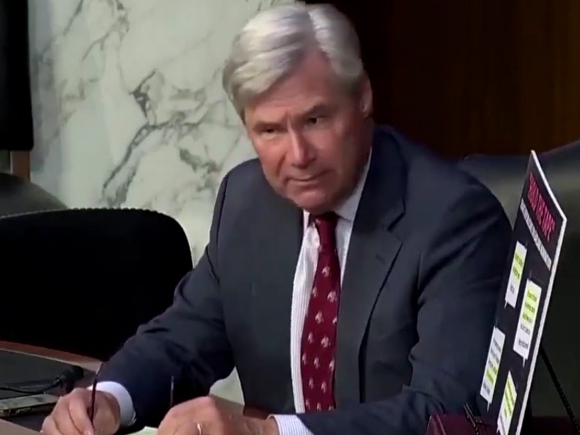 <p>US Senator Sheldon Whitehouse of Rhode Island during a Senate hearing. Mr Whitehouse expressed concerns that not enough was being done in Congress to combat climate change. </p>