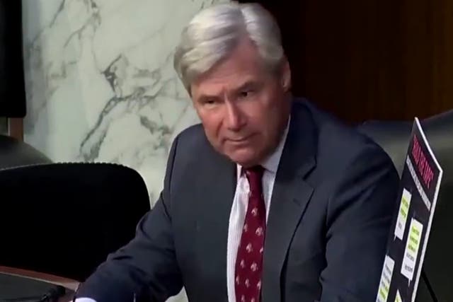 <p>US Senator Sheldon Whitehouse of Rhode Island during a Senate hearing. Mr Whitehouse expressed concerns that not enough was being done in Congress to combat climate change. </p>