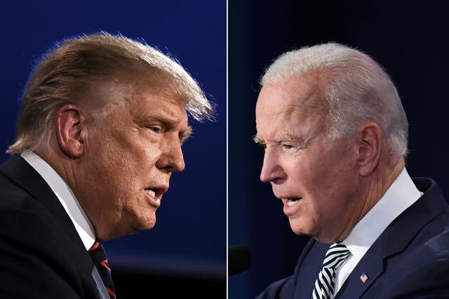 <p> US President Donald Trump (L) and Democratic Presidential candidate former Vice President Joe Biden squaring off at first presidential debate in Cleveland, Ohio on September 29, 2020. </p>