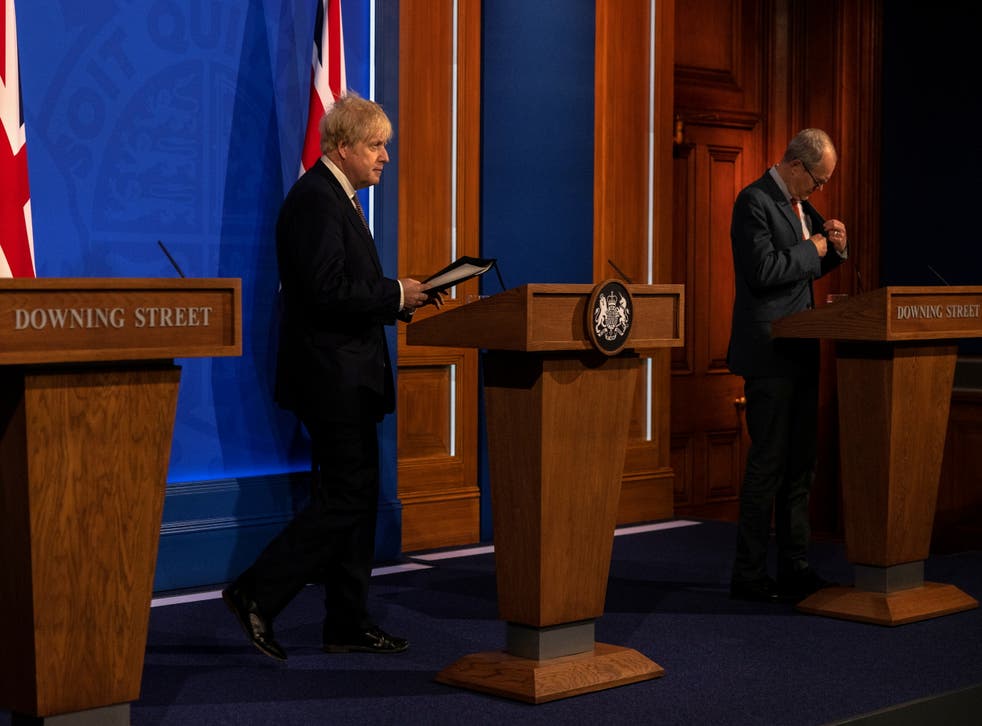 <p>File image: Boris Johnson and Sir Patrick Vallance arrive at a virtual news conference in Downing Street</p>