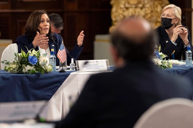 <p>Vice President Kamala Harris speaks with local officials in Guatemala.</p>
