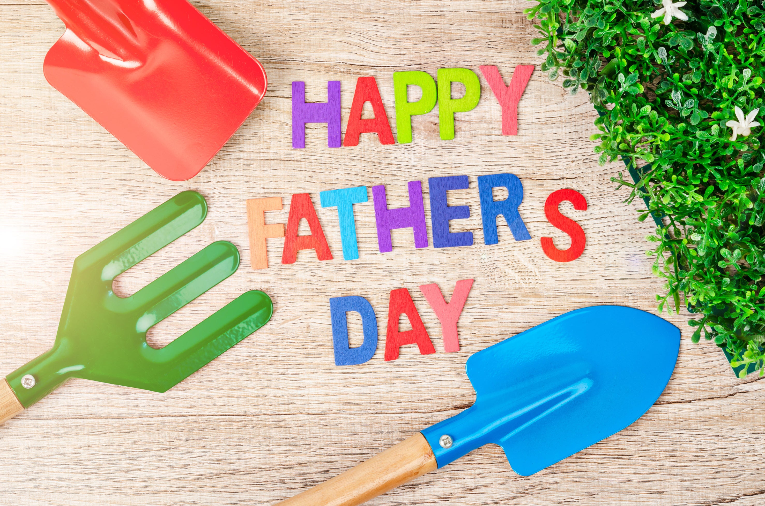 Happy Father's Day wooden letters surrounded by garden tools (Alamy/PA)